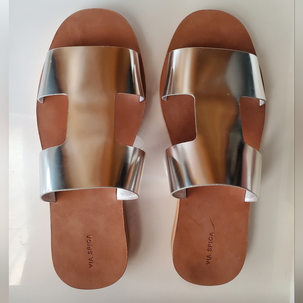 Via Spiga Blanka Metallic Silver Leather Slide Sandals